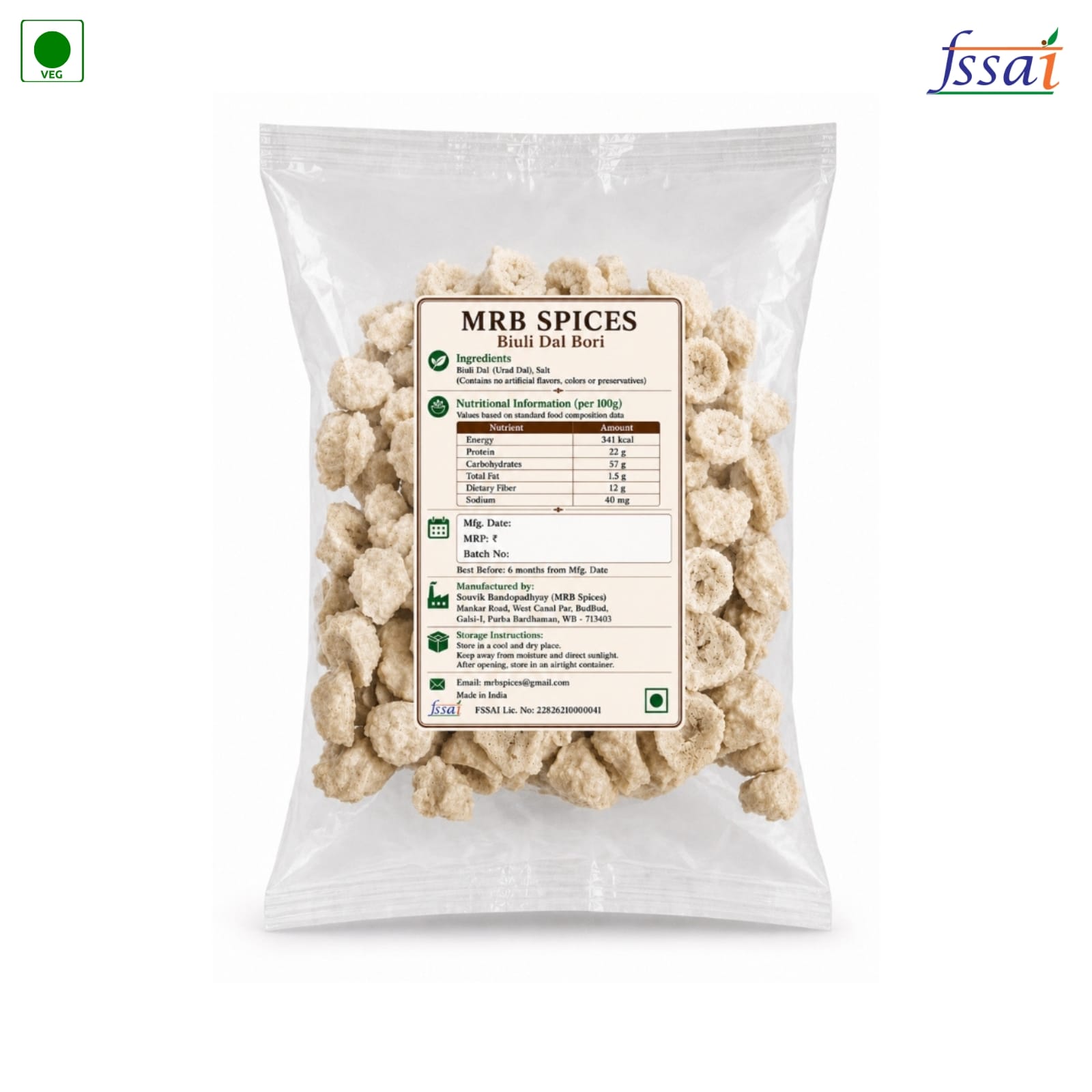 MRB Spices Biuli Dal Bori Packaging & Nutrition Facts